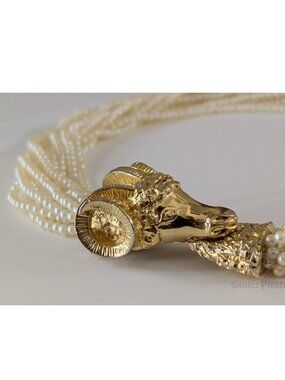Rare Vintage 18" Carolee Faux Pearl Gold Toned Ram Head Torsade Necklace